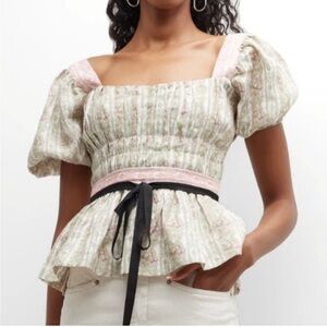 NWT Lug Von Siga Monica Linen Top Blouse in Light Green w Pink print Size XS